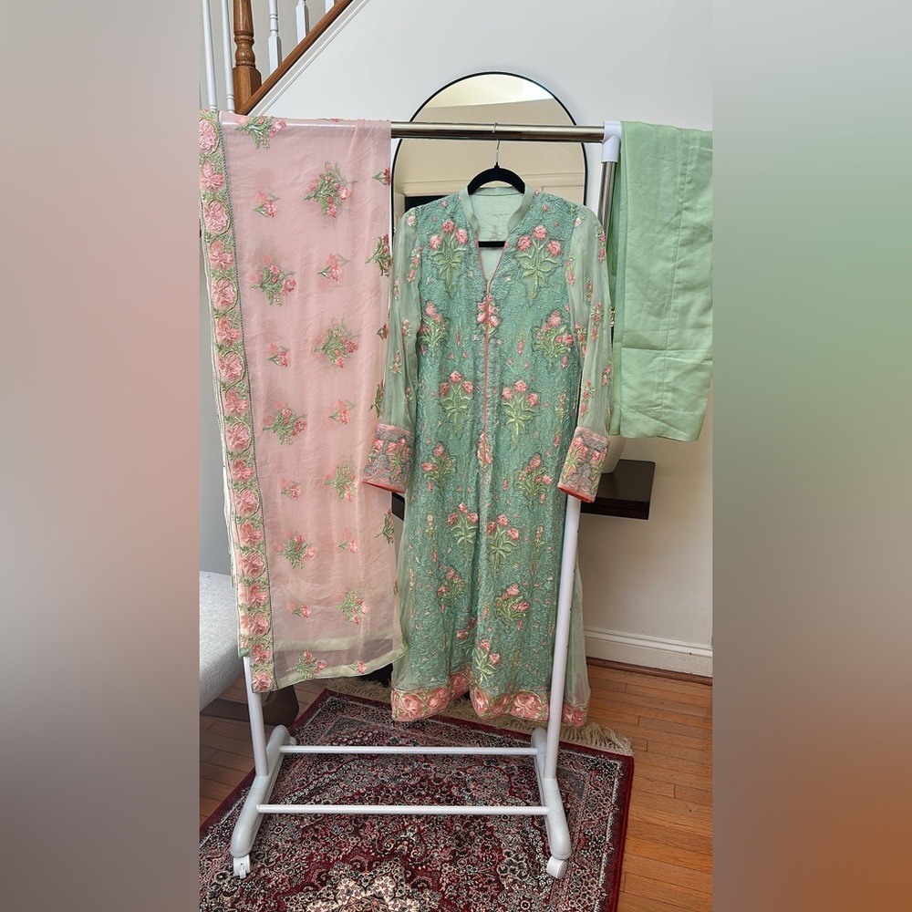 Floral Embroidered Green and Pink Outfit